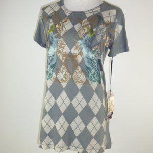 RZST KNIT TUNIC T shirt angels argyle plaid gray short sleeve TOP L